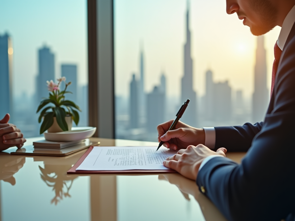 Man signing document in office with city skyline view at sunrise.