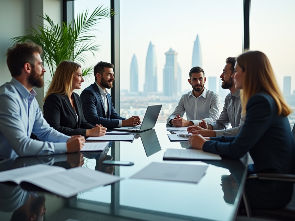 A business meeting with six professionals discussing around a table, city skyline visible through large windows.