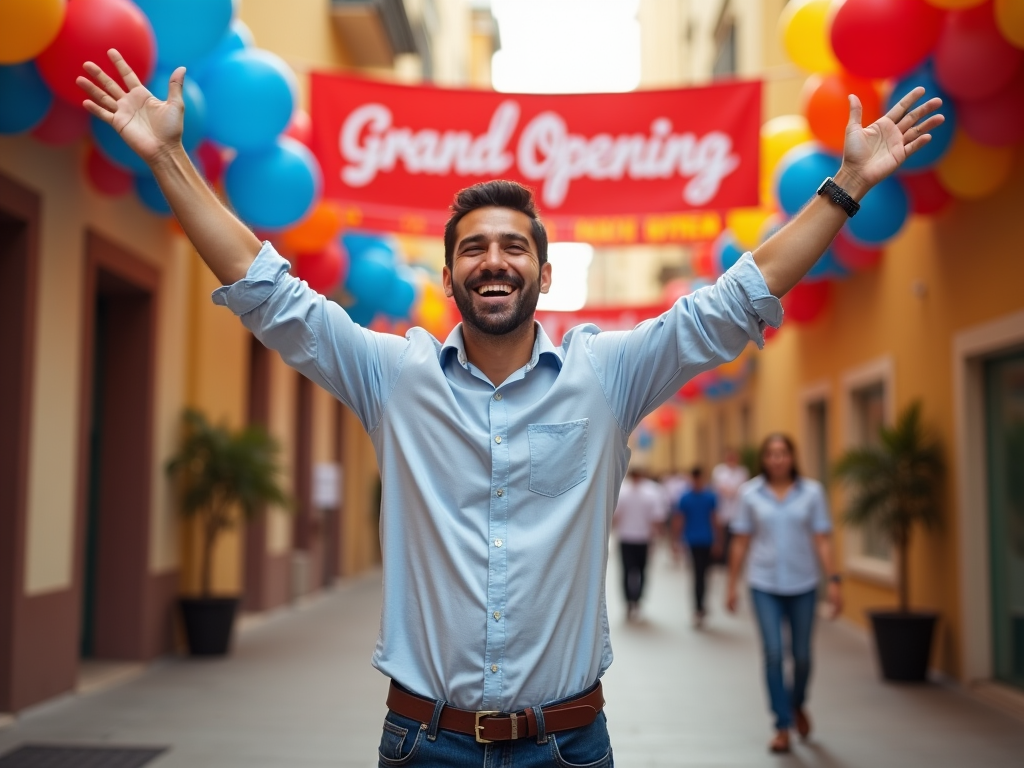 Joyful man celebrating with arms raised at grand opening, balloons and banner in background.