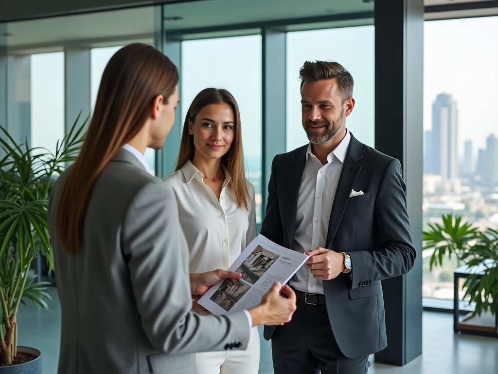 A business meeting in an office with three professionals discussing a document, overlooking a city skyline.